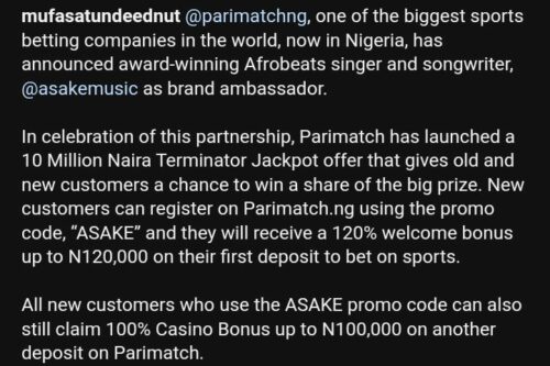 Asake Lands New Endorsement Deal With Parimatch Nigeria